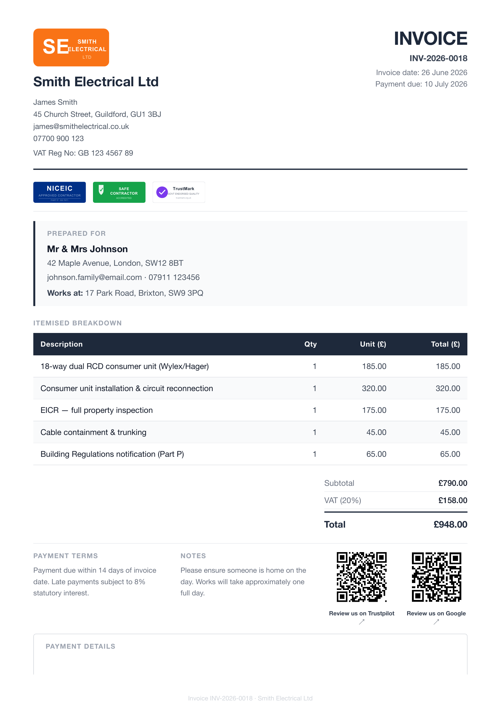Professional PricePad invoice PDF with itemized charges, bank details, and payment due date