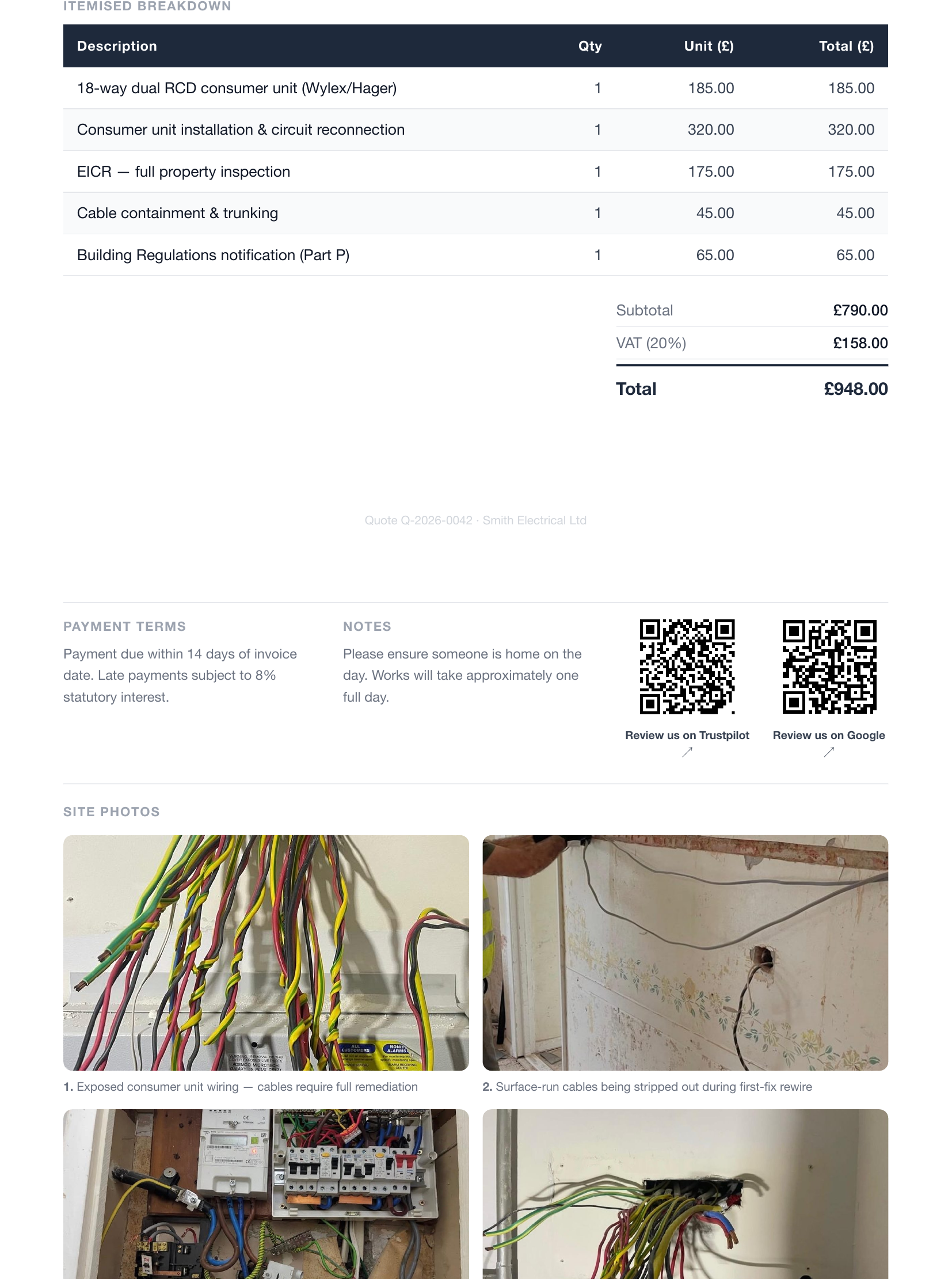 PricePad quote PDF with itemized services section and attached site photos of the job