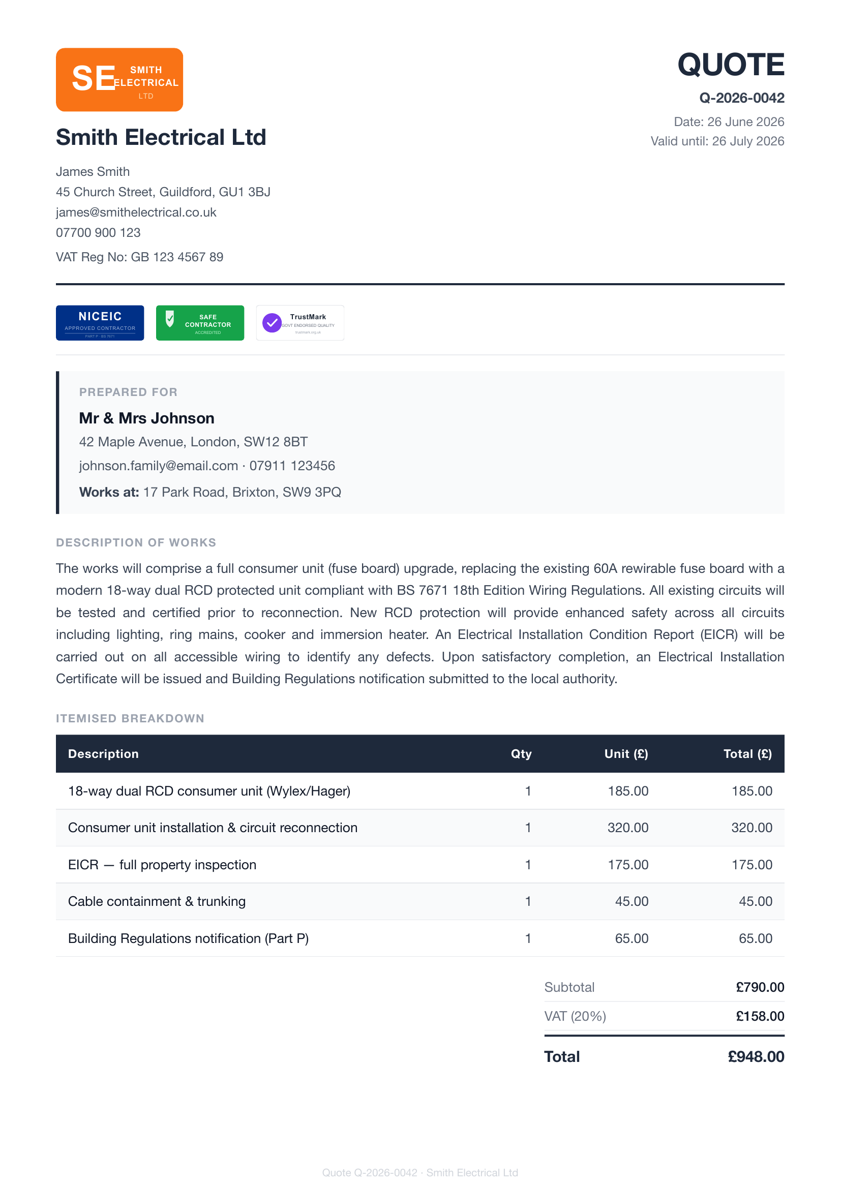 Professional PricePad quote PDF with itemized job breakdown and customer details